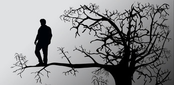Picture depicts a man standing on a limb of a tree